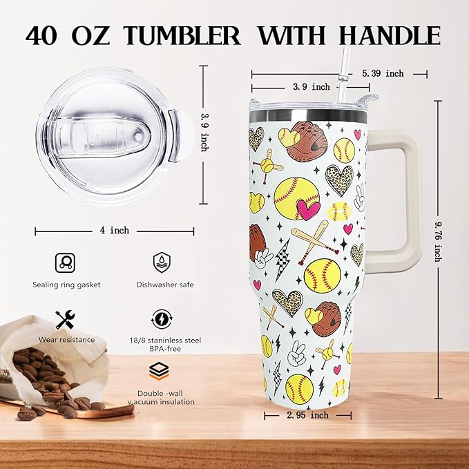 Ceovfoi 40 Oz Softball Tumbler With Handle,Softball Coffee Travel Mug Cup Water Bottle,Softball Decor,Softball Gifts for Women - Bloomnest