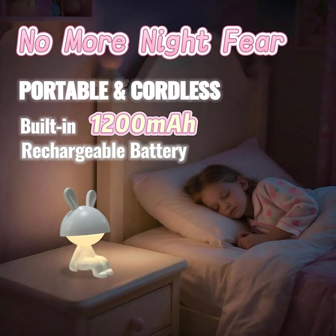 Night Light | Mini Desk Lamp | Table Lamps for Night Stands LED Cute Bunny 3 Level Dimmable Touch Light with Rechargeable Battery for Bedside Living Room Home Decor Christmas Gifts(White) - Bloomnest