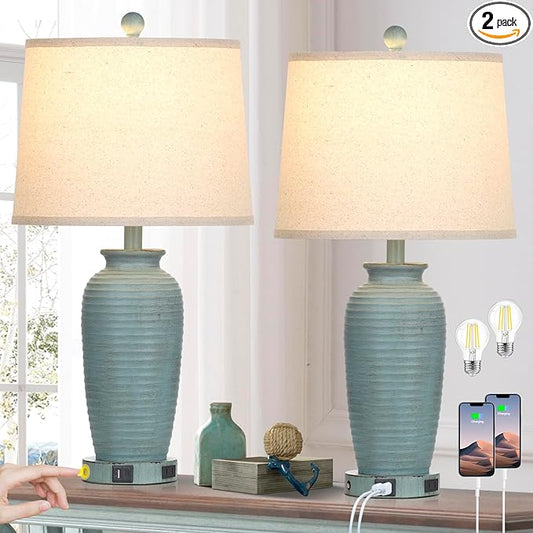 25" Farmhouse Jar Table Lamps Set of 2, 3 Way Touch Control Rustic Bedside Lamps with USB A+C Ports & AC Outlet, Pot Nightstand Lamps for Bedroom Living Room (LED Bulbs Included) - Bloomnest