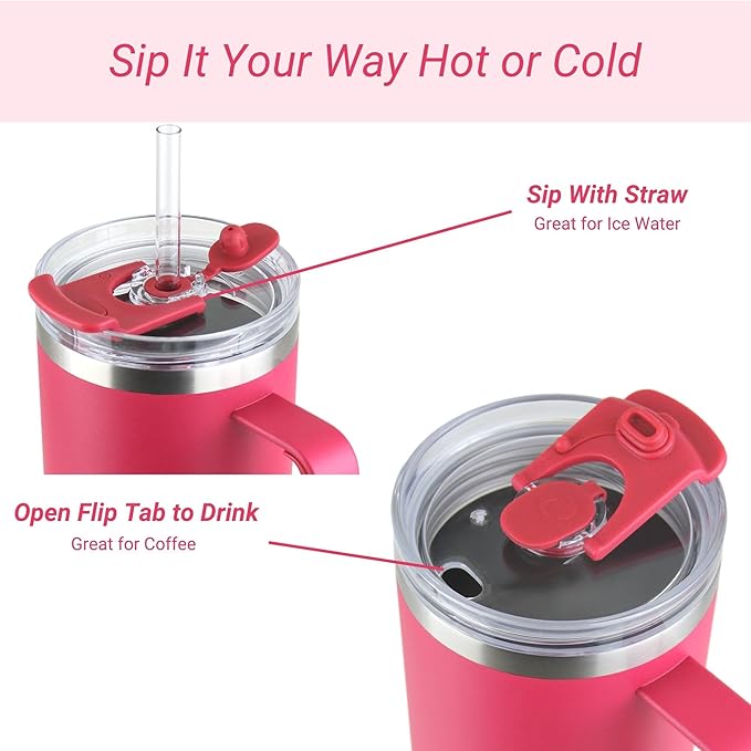 Drinco 40oz 30 oz Tumbler with Handle, Straw Lid, Insulated Stainless Steel Travel Mug Water Bottle Ice Coffee Cup For Cold and Hot, BigSur (40oz Viva Magenta)