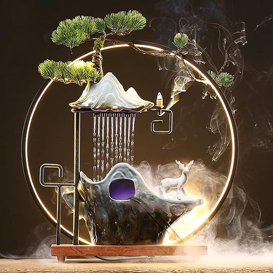 17In Water Fountains Indoor Tabletop Water Fall Humidifier with LED Light and Atomizer Mist, Zen Decor Meditation Japanese Decor Fake Plants Feng Shui Decor Festival Birthday Gift for Good Luck Wealth - Bloomnest