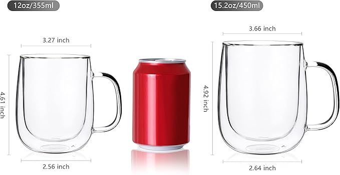 CNGLASS Glass Coffee Mugs 12oz,Double Wall Insulated Mug Set with Handle,Clear Glass Espresso Mugs for Latte,Cappuccino,Tea Bag,Hot and Cold Beverages,Set of 2 - Bloomnest