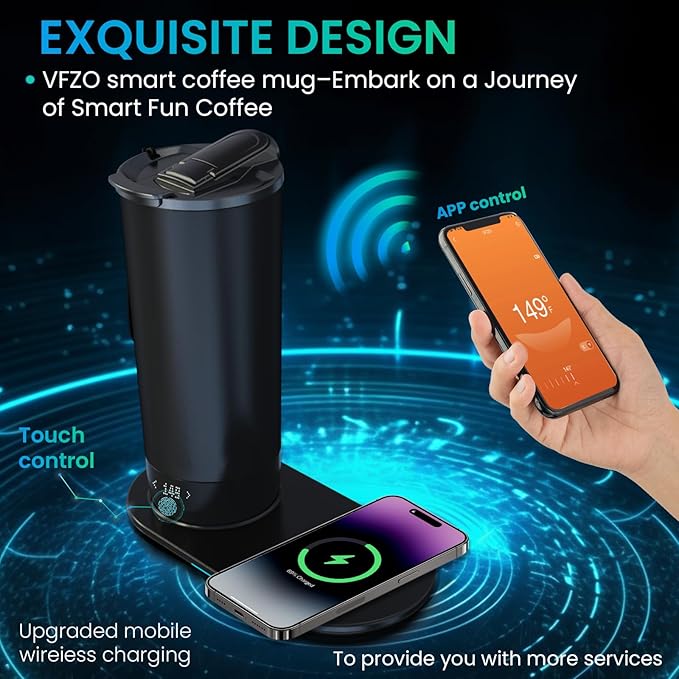 Temperature Control Heated Travel Mug Smart Self Heating Coffee Mug 20 Oz App Controlled LED Display coffee serving sets mug kept at a constant temperature for 4-10 hours (Black, 20 oz) - Bloomnest