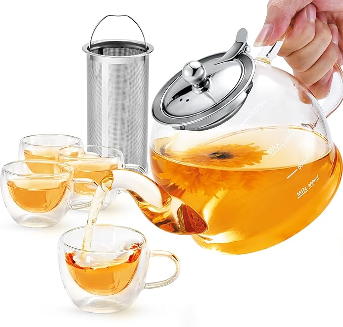 Tea Pot Set – 1200ml Glass Teapot with Removable Stainless Steel Infuser, and 4 Glass Teacups, Stovetop Safe Tea Kettle Gift Set, Blooming and Loose Leaf Tea Maker Set - Bloomnest