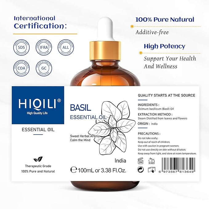 HIQILI Basil Essential Oil, 100% Pure & Natural, Diffuser in Bedroom, Yoga, Mediation for Calming Relaxation Mood, Hair Growth, Body Massage, DIY Sweet Herbal Scented Soap Gifts- 100ML - Bloomnest