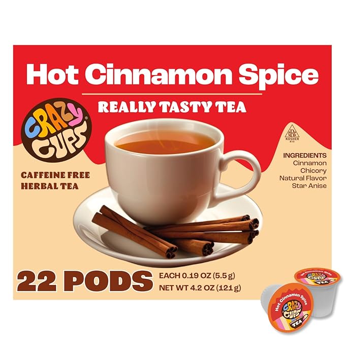 Crazy Cups Hot Cinnamon Spice Herbal Tea Pods, 22 Count | Caffeine Free, Kosher Certified, Warming Cinnamon & Star Anise Blend, K Cup Compatible Pods, Bold Spiced Flavor, Gluten Free, Vegan - Bloomnest