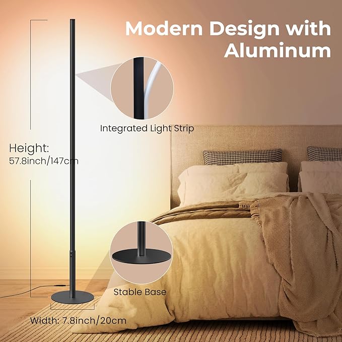 LED Corner Floor Lamp, Minimalist Dimmable Light with Remote, 2700-6500k Color Temperature Stepless Adjustable, 58 Inches Tall Standing Lamp for Living Room, Bedroom, Home Office, Black - Bloomnest