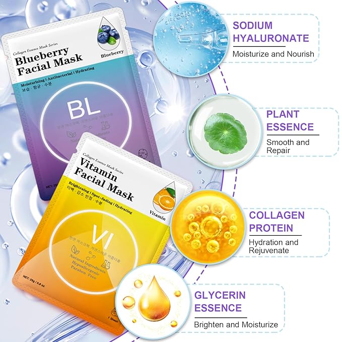 VESPRO 144 Pack Collagen Essence Sheet Facial Masks, Bulk Sheet Masks for Face, Hydrating Facial Masks for All Skin Types, Moisturizing and Soothing, Natural Skincare Spa Face Mask - Bloomnest