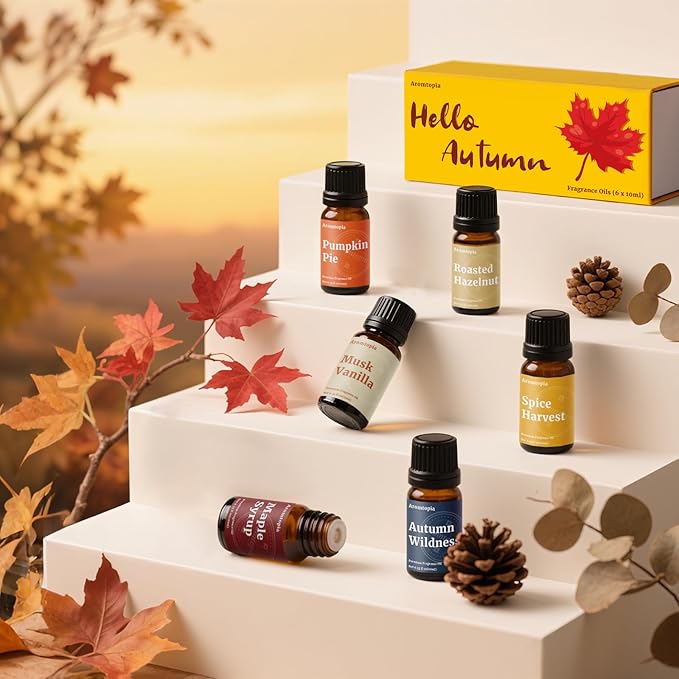 Diffuser Essential Oils, Aromtopia Fall Fragrance Oil for Candle Making, Essential Oils for Diffusers for Home, 6x10ml Autumn Set, Soap Making Scents, Pumpkin Pie, Musk Vanilla, Autumn Wildness, More - Bloomnest