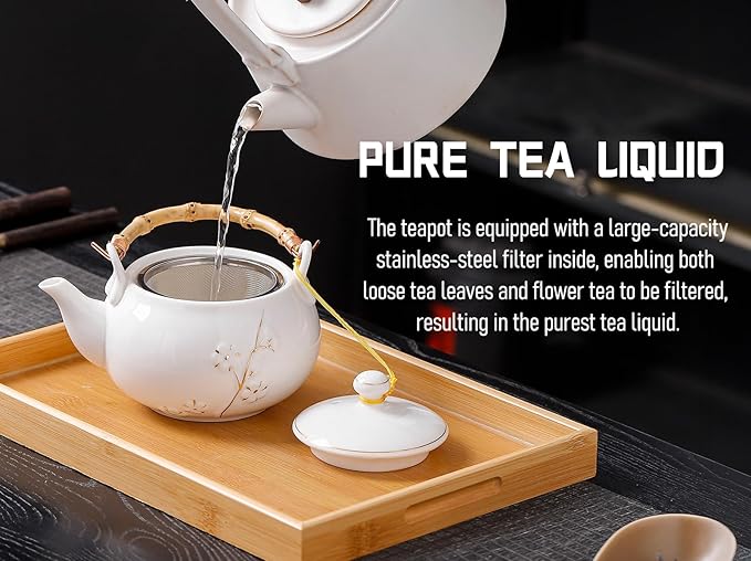 Japanese Tea Set, White Porcelain tea set with 1 Teapot(23 oz/660ml), 6 Tea cups(5.3 oz/150ml), 1 Tea Tray, Golden plum blossom relief, Asian tea sets for adults (Golden plum-White) - Bloomnest