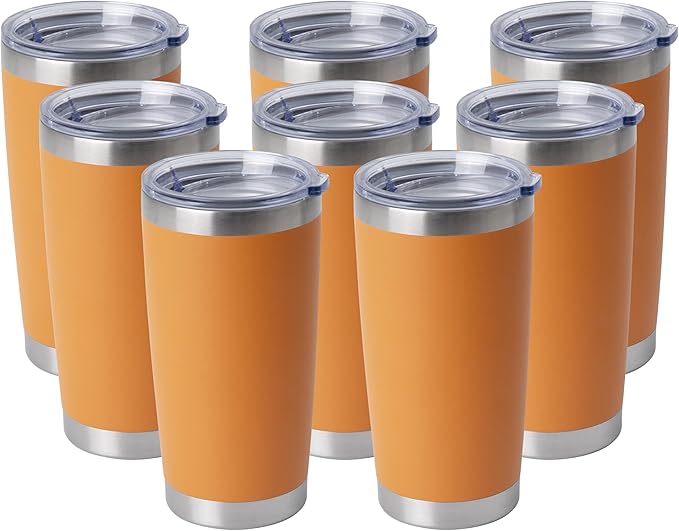HASLE OUTFITTERS 20oz Stainless Steel Tumblers Bulk, Insulated Travel Cup with Lid, Double Wall Vacuum Coffee Mug for Cold & Hot Drinks 8 Pack, Orange