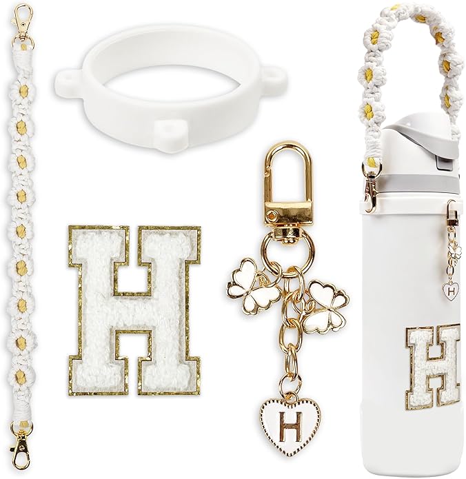 Compatible with Owala Water Bottle Accessories, Cute Letter Charm Set with Boho Handle Strap, Monogram Sticker, Silicone Ring, Keychain Decoration, for FreeSip 24 32 40oz, Owala Kids, Tumbler Gift SITKOL