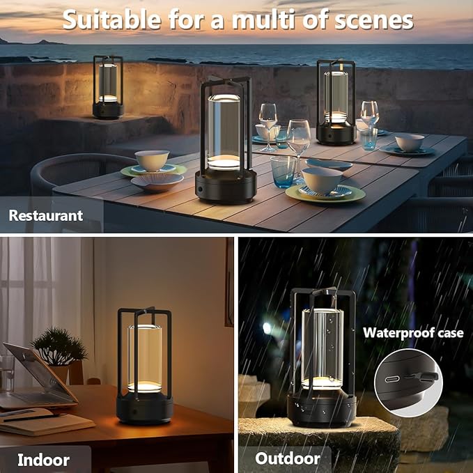 Small Cordless Table Lamps Rechargeable Set of 2 for Indoor/Outdoor, Portable Battery Operated Powered Lamps, Dimmable 3 Color Modes Waterproof, LED Desk Lights for Bedroom/Restaurant/Camping-Black - Bloomnest
