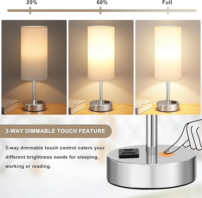 Bedside Table Lamps for Bedroom Set of 2 - Touch Lamp for Nightstand with USB-A+C Charging Ports - 3 Way Dimmable Small Desk Lamp White for Office, Dorm Room, Living Room, Reading, Nursery - Bloomnest