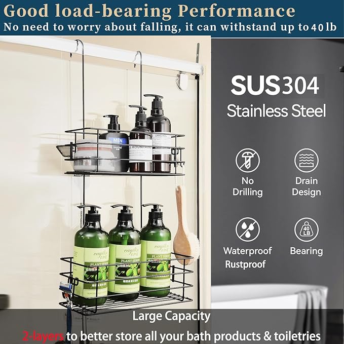 Shower Organizer Hanging Shower Caddy with Rotatable Hook bar Over the Door and Can be Hung on the Faucet or Claw Foot, Stainless Steel Rust Proof and Durable （Black） - Bloomnest