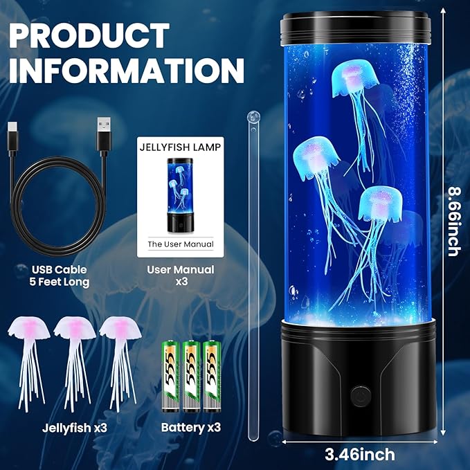 7 Color Jellyfish Lamp, Quiet Jelly Fish Night Light with USB and Battery Power,Relax Mood Aquarium Autism Fidget Sensory Birthday Christmas Gift for Kids Teen Men Women Home Office Table Room Decor - Bloomnest