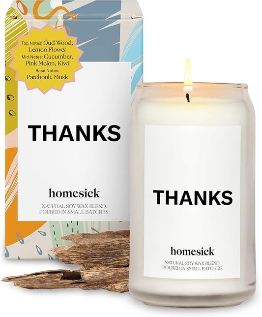 Homesick Scented Candles for Home (Thanks) - 13.75 oz Long-Lasting Soy Wax Blend Jar Candle Gifts for Women for All Occasions, 60-80 Hours Burn Time - Notes of Cucumber, Lemon & Patchouli - Bloomnest