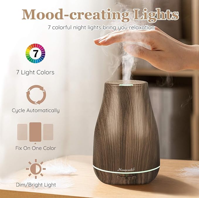 Aromatherapy Essential Oil Diffuser for Room: Air Humidifier Aroma Scent Cool Mist Diffusers Colorful Light Cute Mini Small Waterless Auto Off Ultrasonic for Home Bedroom (Brown Wood Grain) - Bloomnest