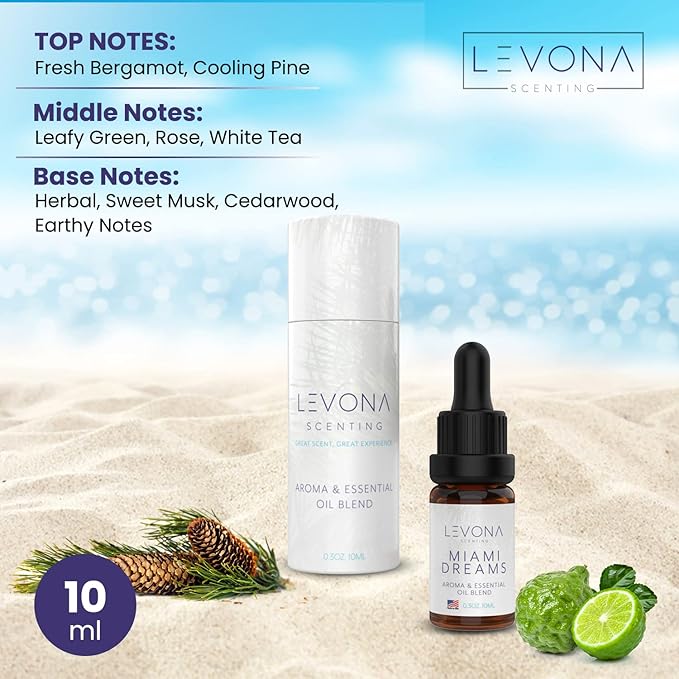 Levona Scent Essential Oils for Diffusers for Home: Miami Dreams Hotel & Home Luxury Scents Fragrance - Aroma Oil with Notes of Bergamot Oil & Pine Essential Oil -10 Ml Scented Oils for Diffuser LEVONASCENT
