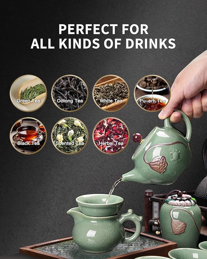 Traditional Chinese Tea Sets for Adults, Gongfu Teapot and Cups with Green Crackle Glaze, Lead-Free Ge Yao Porcelain Tea Set for Tea Party Ceremony Zen Meditation with Portable Gift Box - Bloomnest