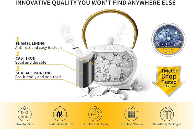Tea Kettle, TOPTIER Japanese Cast Iron Teapot with Stainless Steel Infuser, Cast Iron Tea Kettle Stovetop Safe, Wave Design Tea Pot Coated with Enameled Interior for 30 Ounce (900 ml), White - Bloomnest