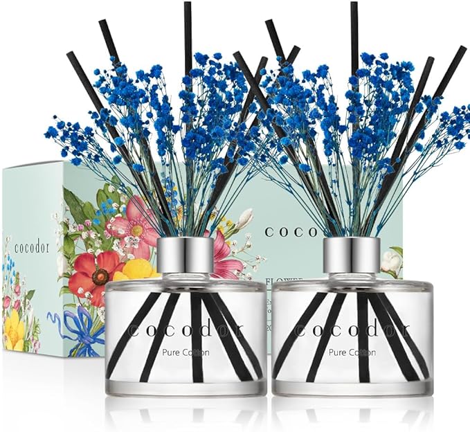 COCODOR Preserved Real Flower Reed Diffuser/Pure Cotton / 6.7oz(200ml) / 2 Pack/Reed Diffuser Set, Oil Diffuser & Reed Diffuser Sticks, Home Decor & Office Decor, Fragrance and Gifts