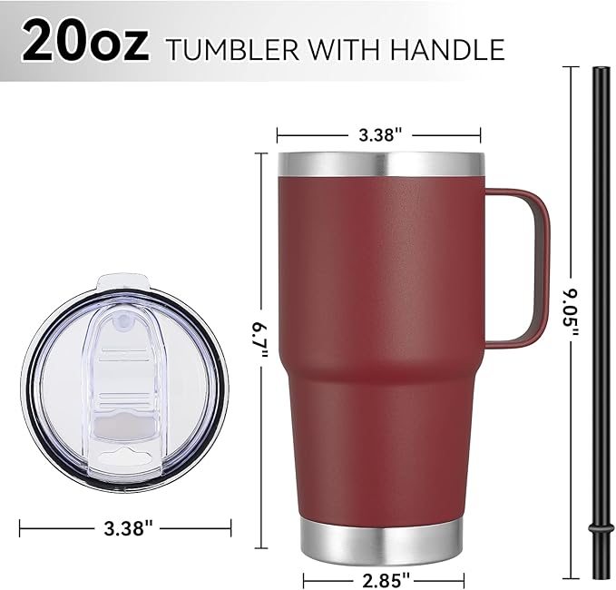 VEGOND 20 oz Tumbler with Handle Lid and Straw, Stainless Steel Insulated Travel Coffee Mug Spill Proof Double Wall Metal Tumbler Cup Keeps Drink Hot and Cold, Wine Red 1 Pack - Bloomnest