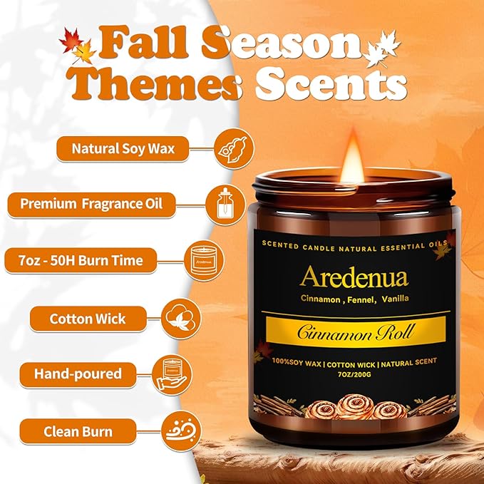 Cinnamon Roll Candles | Fall Candles - Autumn Cinnamon Scented Candle for Home, 7oz Soy Candle for Home Scented, Fall Gifts for Women & Men, Cozy Seasonal Sweet Scent for Autumn & Thanksgiving - Bloomnest