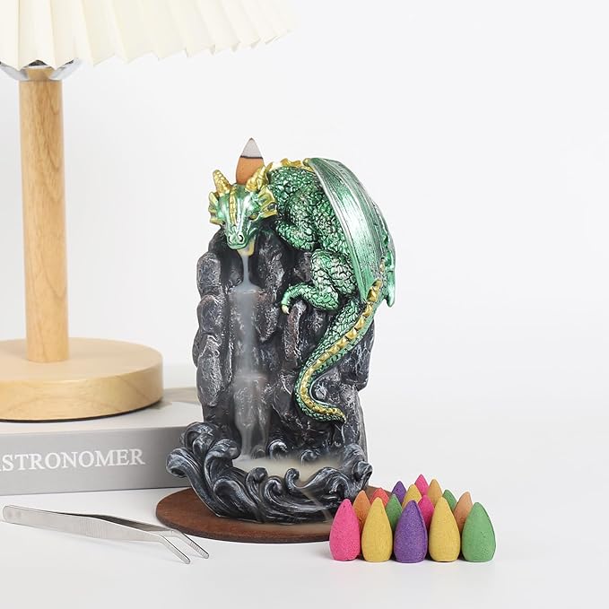 Dragon Backflow Incense Holder Waterfall Incense Burner, with 100 Backflow Incense Cones,1 Mat,1 Tweezers，Aromatherapy Ornamental for Home Office Yoga （Green Dragon） - Bloomnest