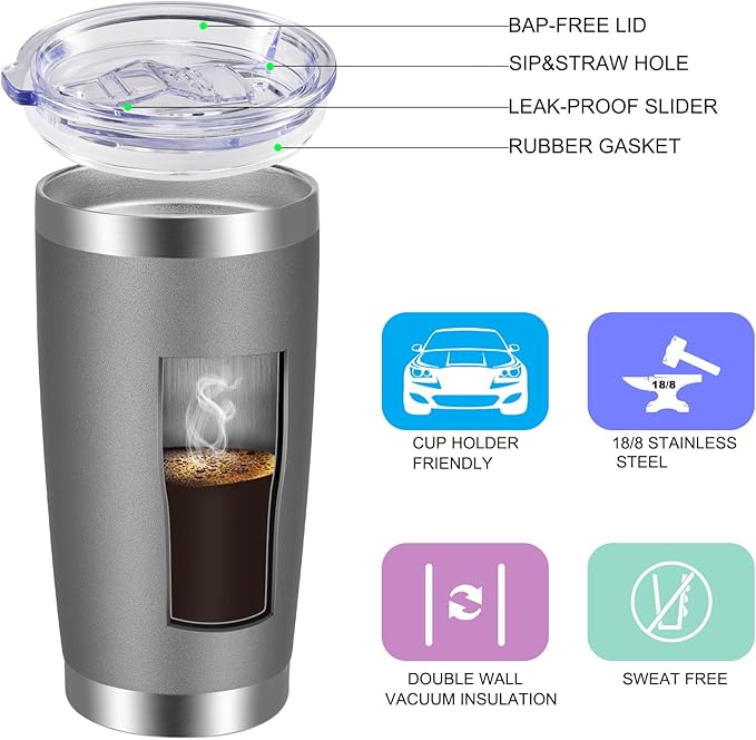 VEGOND 20oz Tumbler with Lid and Straw Stainless Steel Tumbler Cup Vacuum Insulated Double Wall Travel Coffee Mug Powder Coated Coffee Cup(Grey 1 Pack) - Bloomnest