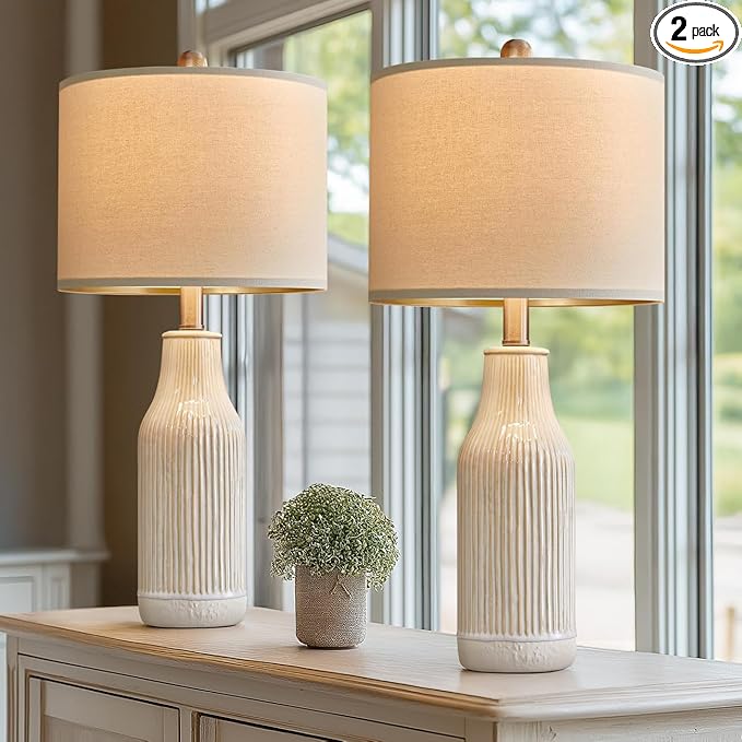 23.75 inches Modern Ceramic Table Lamp Set of 2 for Living Room, Farmhouse Bedside Nightstand Lamp for Bedroom Home Office Dorm - Bloomnest