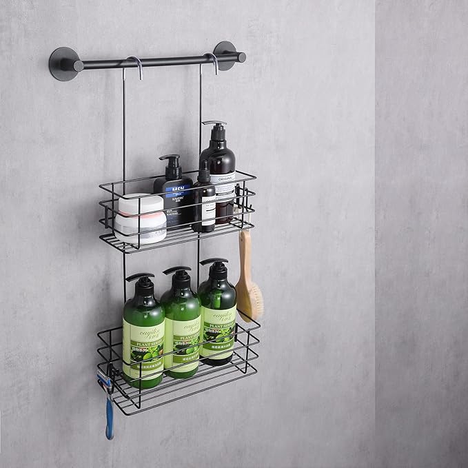Shower Organizer Hanging Shower Caddy with Rotatable Hook bar Over the Door and Can be Hung on the Faucet or Claw Foot, Stainless Steel Rust Proof and Durable （Black） - Bloomnest