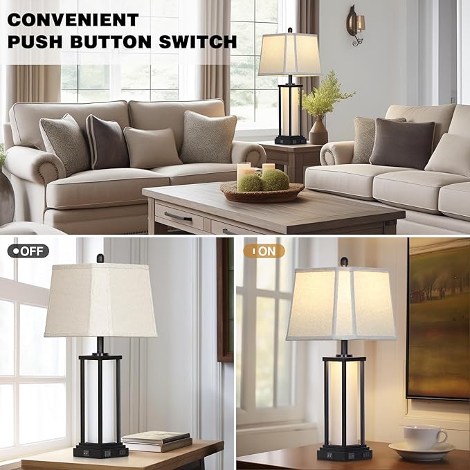 27" Tall Vintage Table Lamp Set of 2 with USB C+A & Outlet,Black Industrial End Table Lamp for Living Room,Farmhouse Rustic Bedside Lamps with Bell Lampshades for Bedroom Nightstand,Black - Bloomnest