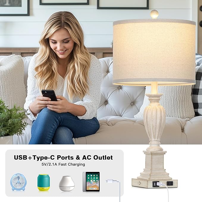 27" Farmhouse Table Lamps Set of 2 with USB C+A Ports & AC Outlet for Vintage Living Room Retro Bedroom,3-Way Dimmable Touch Lamp Resin Bedside Lamps for Nightstand Side End Table,Cream - Bloomnest
