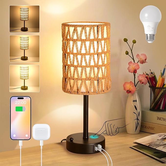 Rattan Table Lamps for Living Room, 3 Way Dimmable Touch Lamps, Small Bedside Lamps with LED Bulbs, Phone Stand, USB Ports and AC Outlet, Boho Nightstand Lamp for Kids Room, Bedroom, Office (1 Pack) - Bloomnest