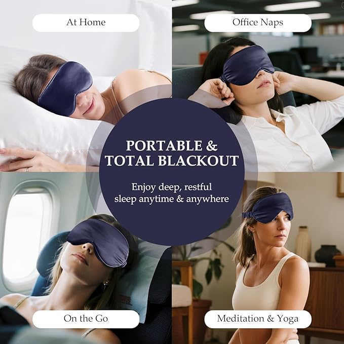 100% Pure Mulberry Silk Sleep Mask, 3D Contoured Cup Eye Mask for Sleeping, 22 Momme Super Soft Breathable Blindfold, Adjustable Blackout Travel Silk Eye Cover Blue - Bloomnest