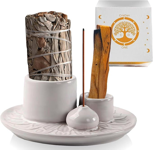 4-in-1 Palo Santo Holder, Sage & Incense Stick Burner – Ceramic White Ash Catcher Tray for Meditation, Yoga, Smudging & Spiritual Cleansing – Incense Holder for Sticks & Sage (White) - Bloomnest