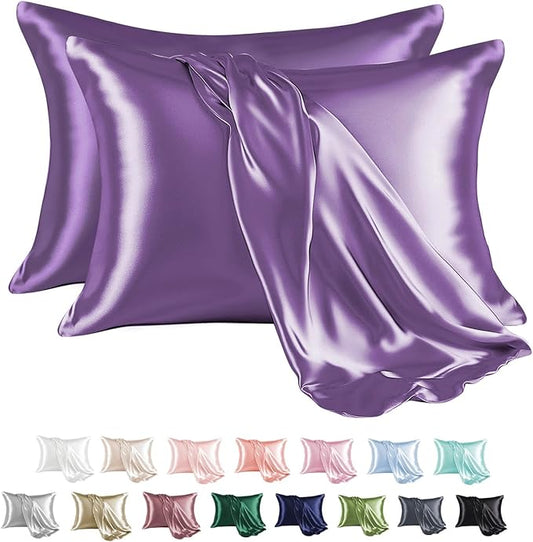 MR&HM Satin Pillowcase for Hair and Skin, Silk Satin Pillowcase 2 Pack, Standard Size Pillow Cases Set of 2, Silky Pillow Cover with Envelope Closure (20x26, Lavender) - Bloomnest