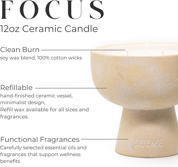 BLUEME Focus - Eucalyptus & Lime, Luxury Candle w/Essential Oils, 3 Wick, Hand-Poured Soy, Cotton Wick, Ceramic - Bloomnest