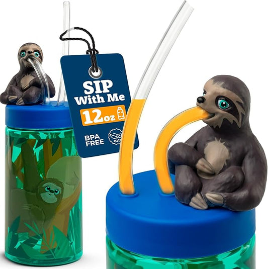 Kids Water Bottle, Toddler Cups, Tumbler with Lid and Straw, Travel Sippy Cup for Water or Milk, Kids Cups with Lids for Toddlers 3 and Up, BPA Free Plastic, 12 oz (Trend Zoo Sloth) - Bloomnest