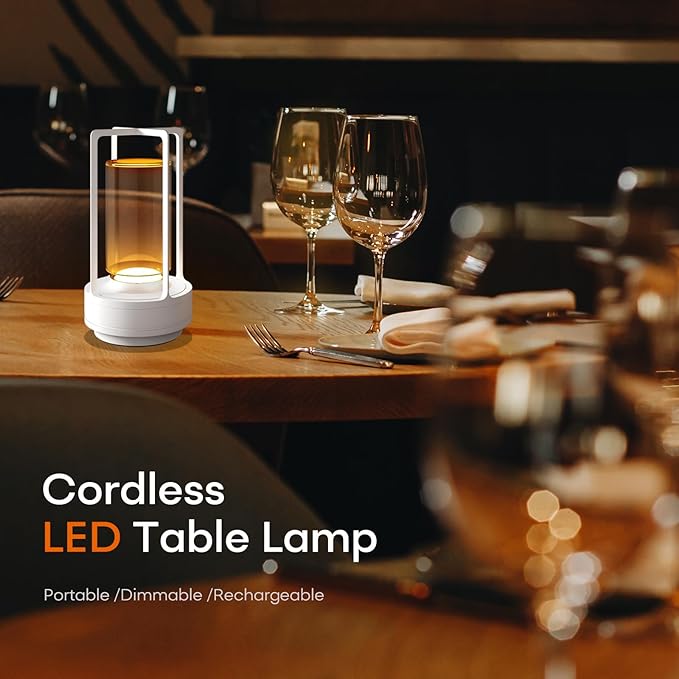 Portable Metal Table Lamp for Indoor/Outdoor ,Rechargeable Cordless LED Lamp, 3-Colour Infinitely Dimming Battery Powered Small Desk Lamp, Restaurant/Bedroom/Bar/Coffee/Camping Light (White Set of 2) - Bloomnest