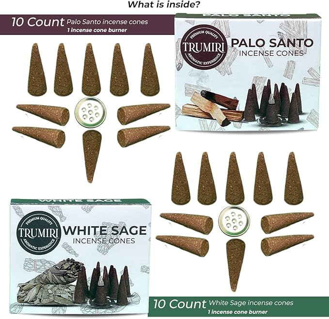 TRUMIRI Incense Cones - Combo Pack of 20 Cone Incense - 10 Palo Santo + 10 White Sage - Insence Cones - Incense Cones Scented - Cone Incense Scents - Insense Cones - Incent Cone TRUMIRI