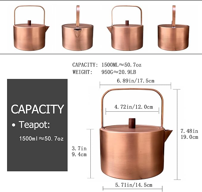 YJX Pure Copper Tea Kettle For Stovetop Safe, Chinese Style Non-Coating Teapot with Stainless Steel Tea Ball For Loose Tea, Durable Tea Pot, 1500ml Kettle - Bloomnest