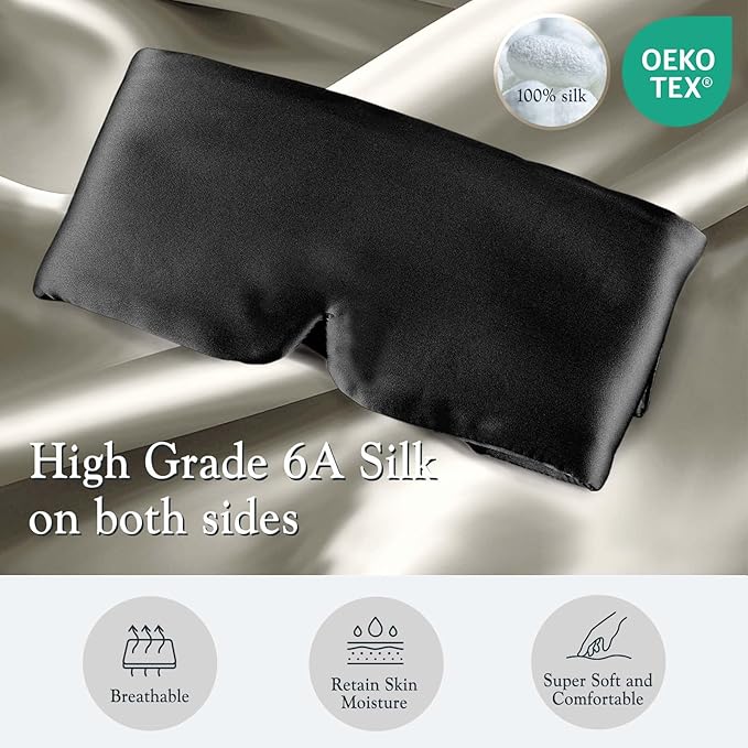 Nature Silk Sleeping Mask Soft Featherweight Eye Mask Large Wrap-Around Blindfold with Adjustable Velcro Blackout for Wild Sleeper Nose Cut (Black)