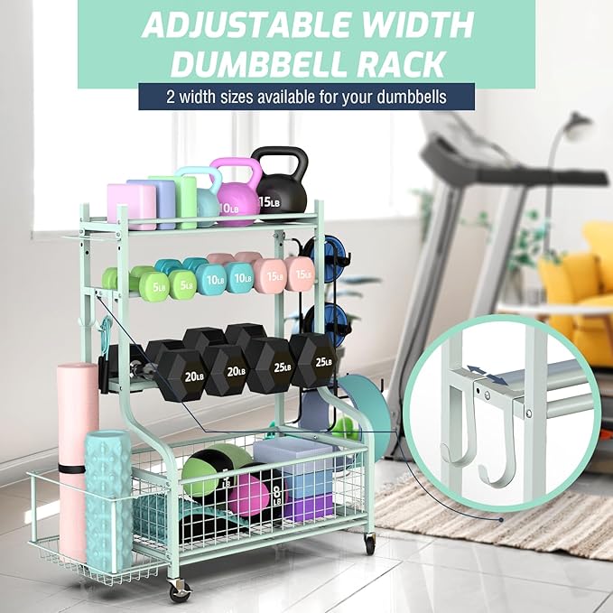 PLKOW Dumbbell Rack, Weight Rack for Dumbbells, Home Gym Storage for Dumbbells Kettlebells Yoga Mat and Balls, All in One Workout Storage with Wheels and Hooks, Powder Coated Finish Steel - Bloomnest
