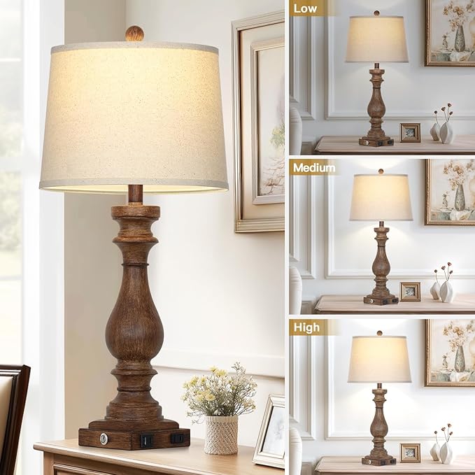 29" Tall Farmhouse Table Lamp for Living Room Set of 2,Vintage Retro Nightstand Lamps with USB C+A Ports & AC Outlet,3-Way Dimmable Touch Bedside Lamp for Bedroom Side Table,Brown - Bloomnest