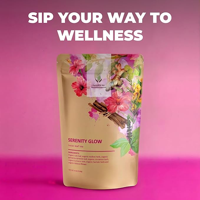 Gardenika Organic Serenity Glow Loose Leaf Tea, Herbal, Caffeine-Free, KSA Kosher, Ayurvedic Wellness Blend with Tulsi, Rooibos, Turmeric, Hibiscus – 4 oz (1 Pack) - Bloomnest