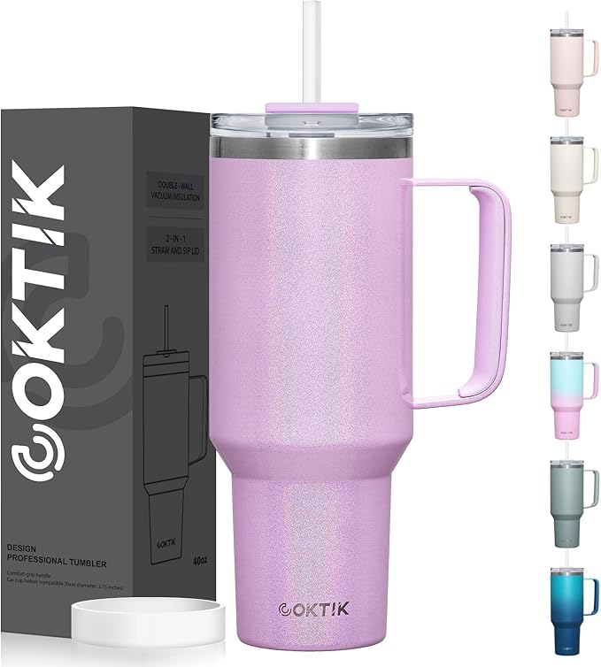 COKTIK 40 oz Tumbler With Handle and Straw Lid, Vacuum Insulated Travel Coffee Mug Stainless Steel Insulated Cup for Beverages, Leak-proof, Cupholder Friendly (Lavender Shimmer) - Bloomnest