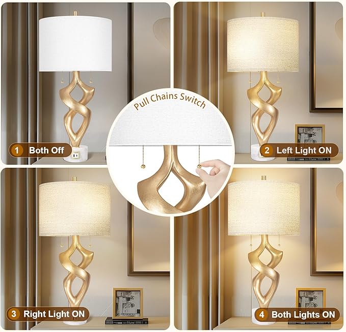 Scenekoy Sculptural Resin Table Lamp Set of 2 with USB Ports for Bedroom Living Room, 31” Big Gold Leaf Marble Base Bedside Lamps, Pull Chains Switch Modern Nightstand Lamp for Home Room Decor - Bloomnest