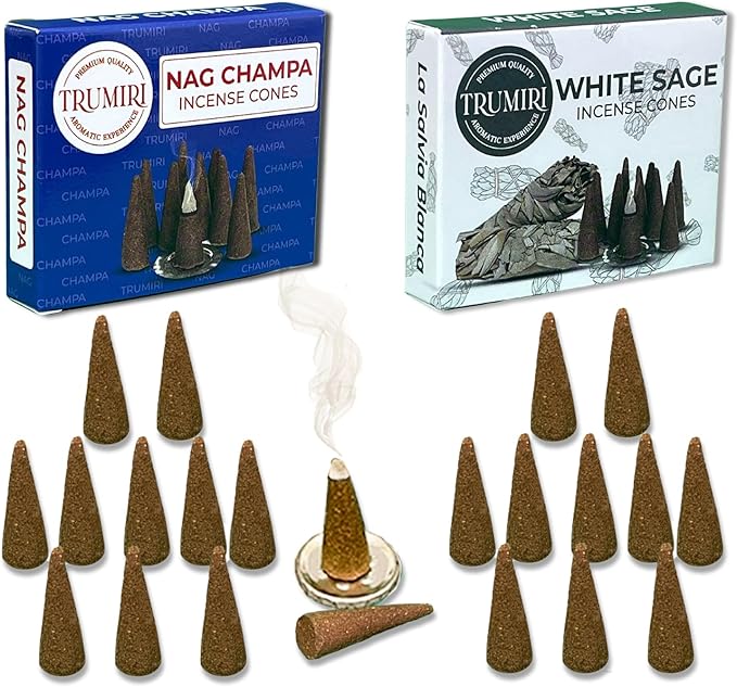 TRUMIRI Incense Cones - Combo Pack of 20 Cone Incense - 10 Nag Champa + 10 White Sage - Insence Cones - Incense Cones Scented - Cone Incense Scents - Insense Cones - Incent Cone TRUMIRI